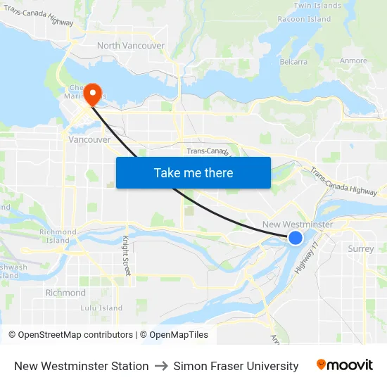 New Westminster Station to Simon Fraser University map