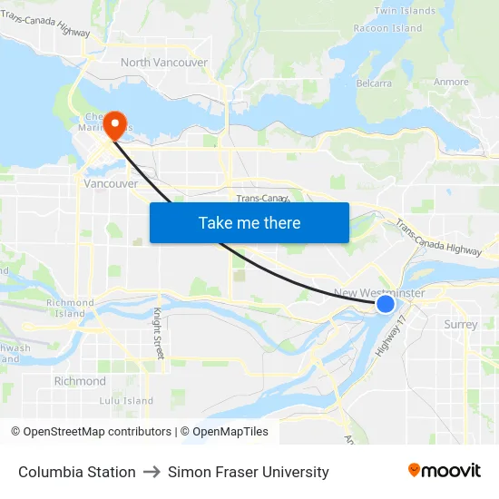 Columbia Station to Simon Fraser University map