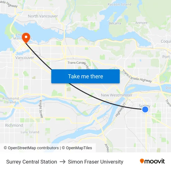 Surrey Central Station to Simon Fraser University map