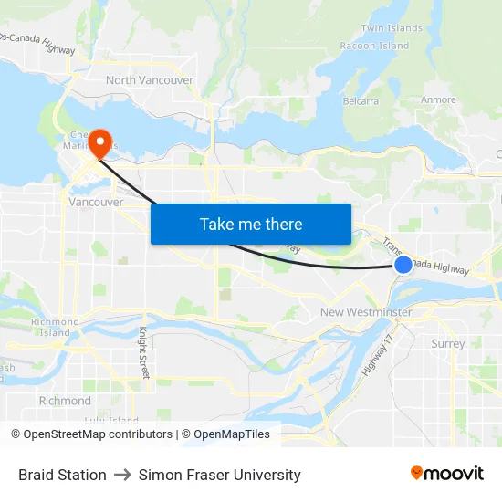 Braid Station to Simon Fraser University map