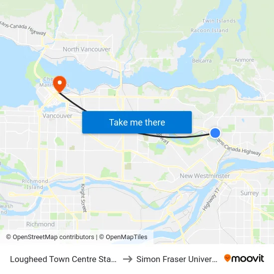 Lougheed Town Centre Station to Simon Fraser University map
