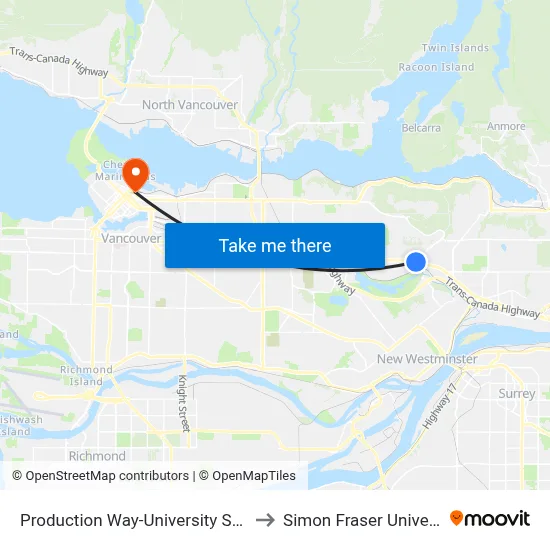 Production Way-University Station to Simon Fraser University map