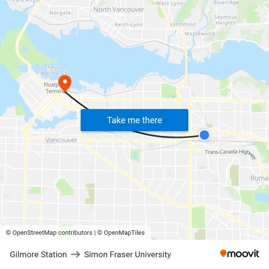 Gilmore Station to Simon Fraser University map