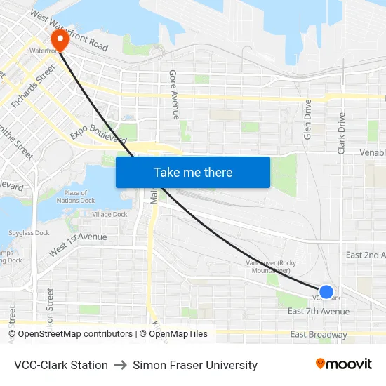 VCC-Clark Station to Simon Fraser University map