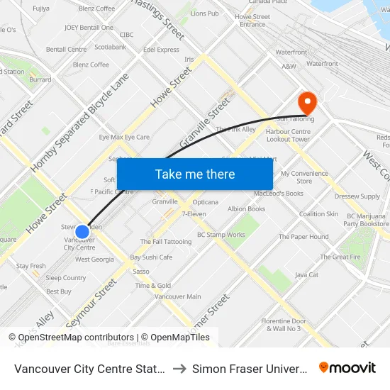 Vancouver City Centre Station to Simon Fraser University map