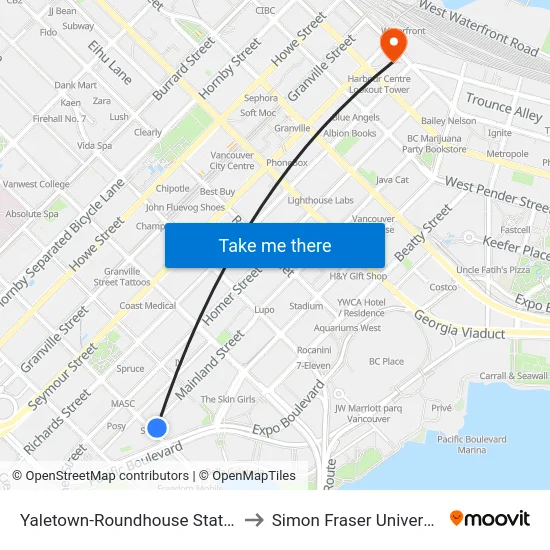 Yaletown-Roundhouse Station to Simon Fraser University map