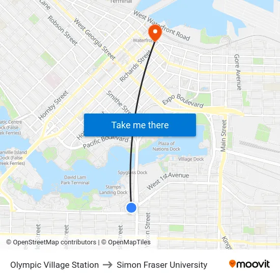 Olympic Village Station to Simon Fraser University map