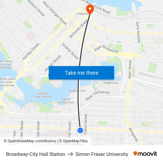 Broadway-City Hall Station to Simon Fraser University map