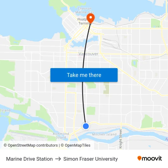 Marine Drive Station to Simon Fraser University map