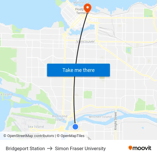 Bridgeport Station to Simon Fraser University map