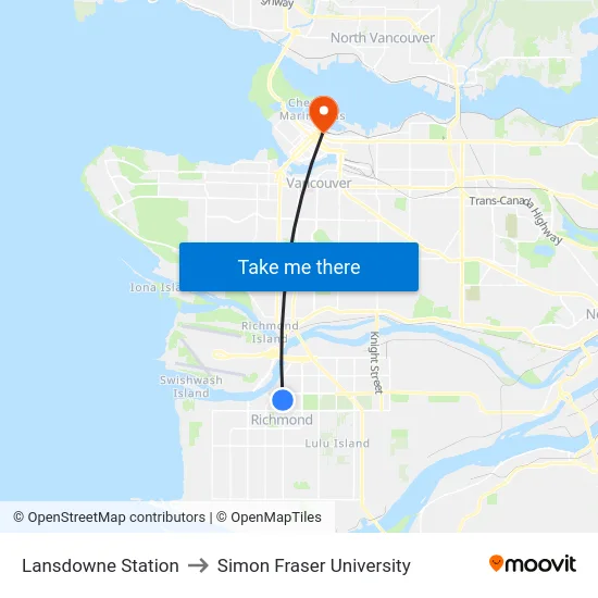 Lansdowne Station to Simon Fraser University map