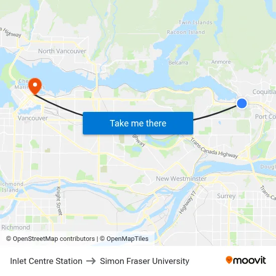 Inlet Centre Station to Simon Fraser University map