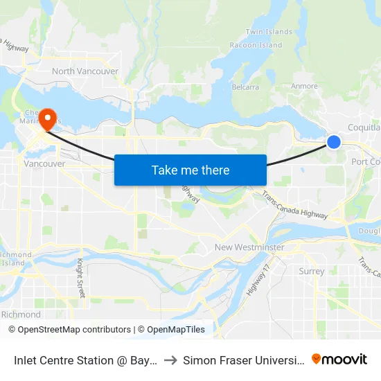 Inlet Centre Station @ Bay 2 to Simon Fraser University map