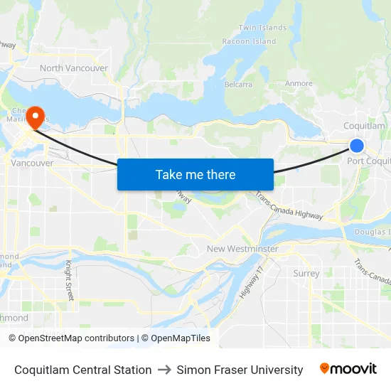 Coquitlam Central Station to Simon Fraser University map