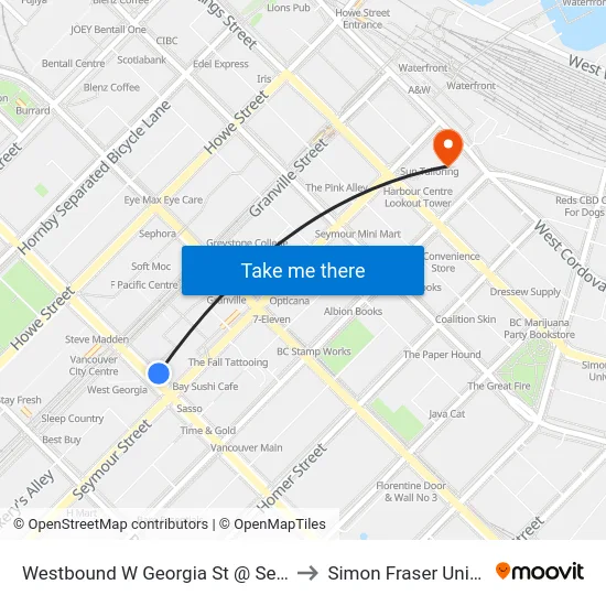 Westbound W Georgia St @ Seymour St to Simon Fraser University map