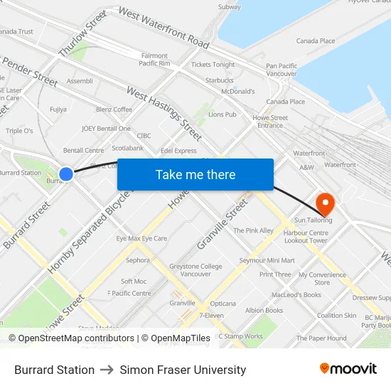 Burrard Station to Simon Fraser University map
