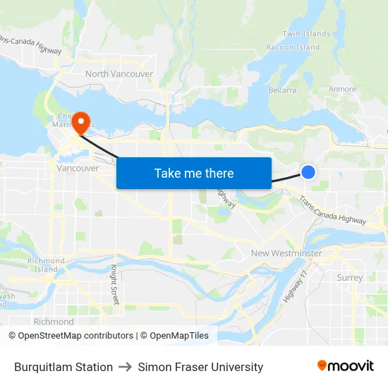 Burquitlam Station to Simon Fraser University map