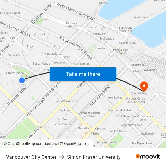Vancouver City Center to Simon Fraser University map