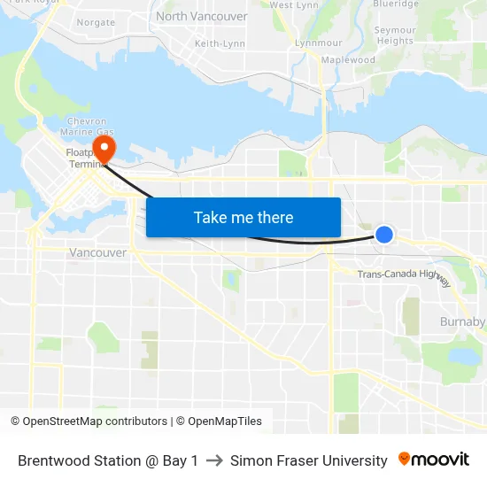 Brentwood Station @ Bay 1 to Simon Fraser University map