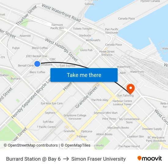 Burrard Station @ Bay 6 to Simon Fraser University map