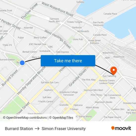 Burrard Station to Simon Fraser University map