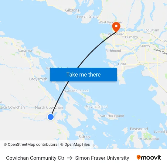 Cowichan Community Ctr to Simon Fraser University map