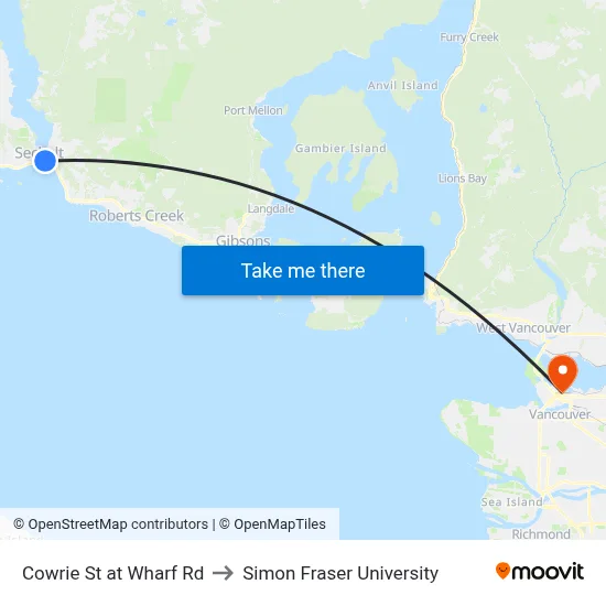 Cowrie St at Wharf Rd to Simon Fraser University map