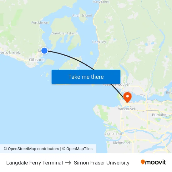 Langdale Ferry Terminal to Simon Fraser University map