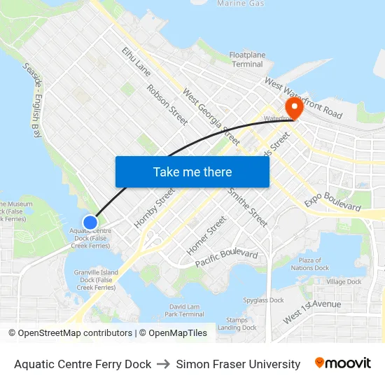 Aquatic Centre Ferry Dock to Simon Fraser University map