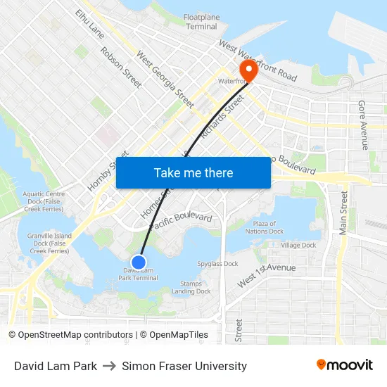 David Lam Park to Simon Fraser University map