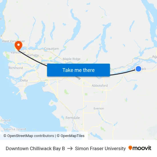 Downtown Chilliwack Bay B to Simon Fraser University map