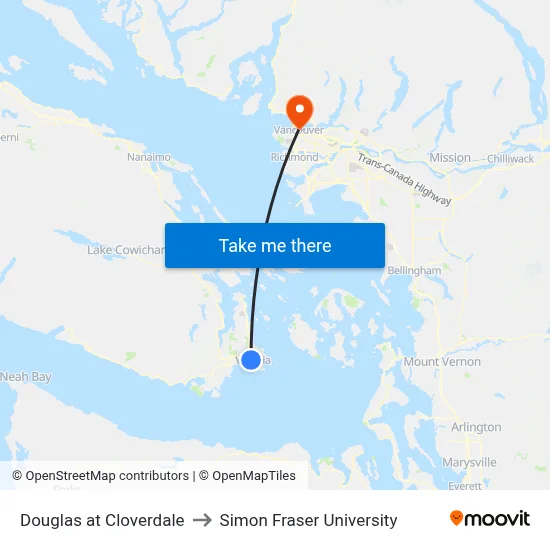 Douglas at Cloverdale to Simon Fraser University map