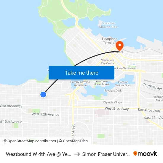 Westbound W 4th Ave @ Yew St to Simon Fraser University map