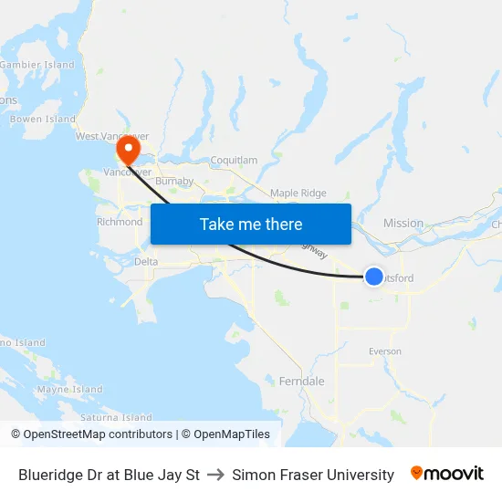 Blueridge Dr at Blue Jay St to Simon Fraser University map