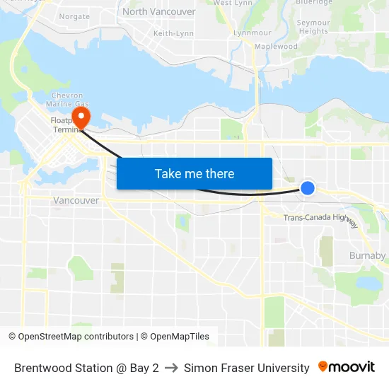 Brentwood Station @ Bay 2 to Simon Fraser University map