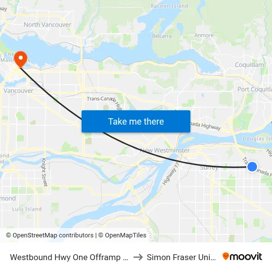 Westbound Hwy One Offramp @ 156 St to Simon Fraser University map