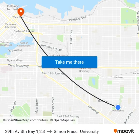 29th Av Stn Bay 1,2,3 to Simon Fraser University map
