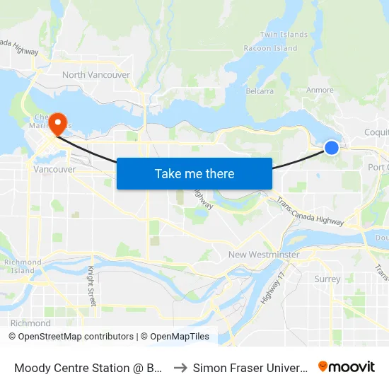 Moody Centre Station @ Bay 1 to Simon Fraser University map
