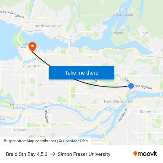Braid Stn Bay 4,5,6 to Simon Fraser University map