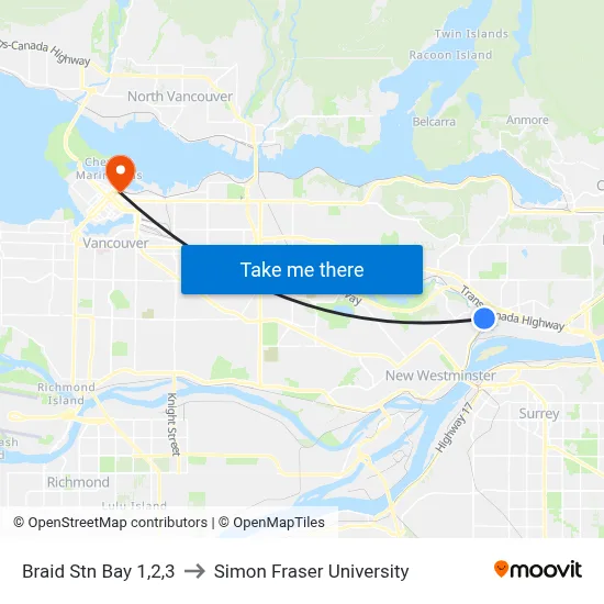 Braid Stn Bay 1,2,3 to Simon Fraser University map