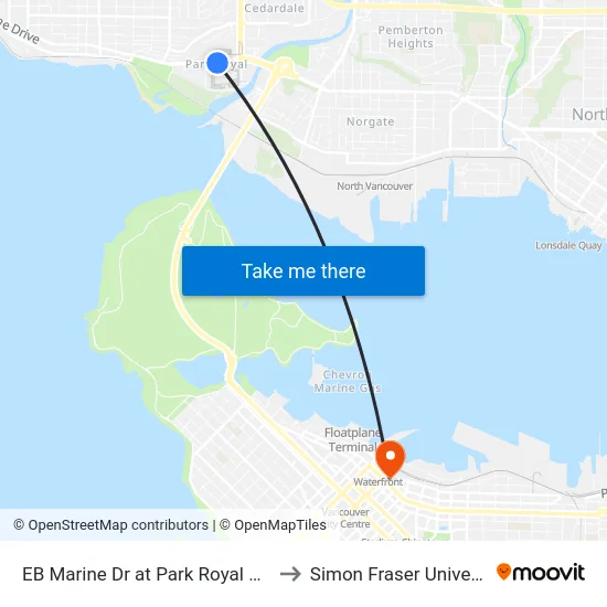 EB Marine Dr at Park Royal South to Simon Fraser University map