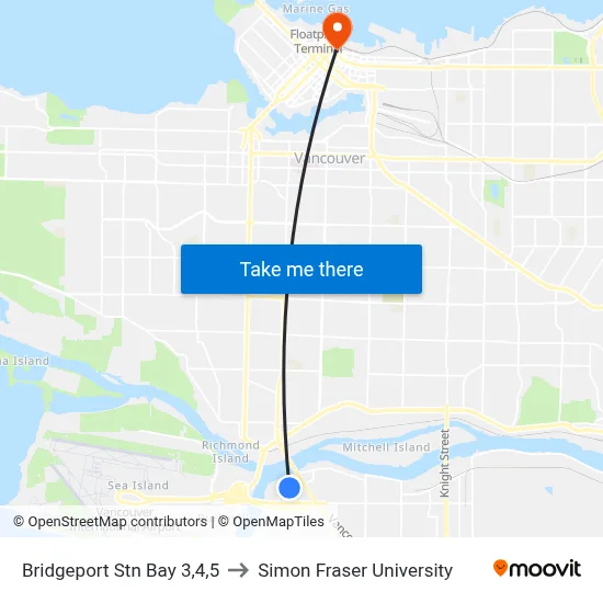 Bridgeport Stn Bay 3,4,5 to Simon Fraser University map