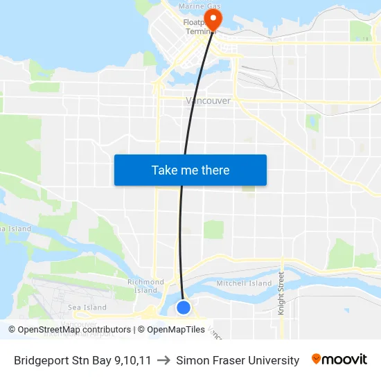 Bridgeport Stn Bay 9,10,11 to Simon Fraser University map