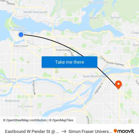 Eastbound W Pender St @ Seymour St to Simon Fraser University Surrey map