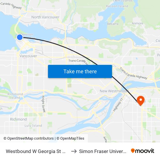 Westbound W Georgia St @ Denman St to Simon Fraser University Surrey map