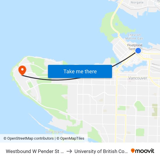 Westbound W Pender St @ Seymour St to University of British Columbia (UBC) map