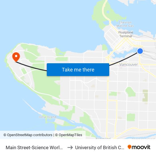 Main Street-Science World Station @ Bay 1 to University of British Columbia (UBC) map