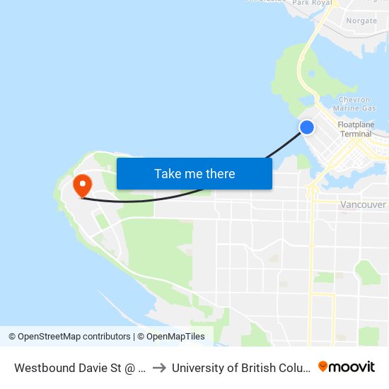 Westbound Davie St @ Denman St to University of British Columbia (UBC) map