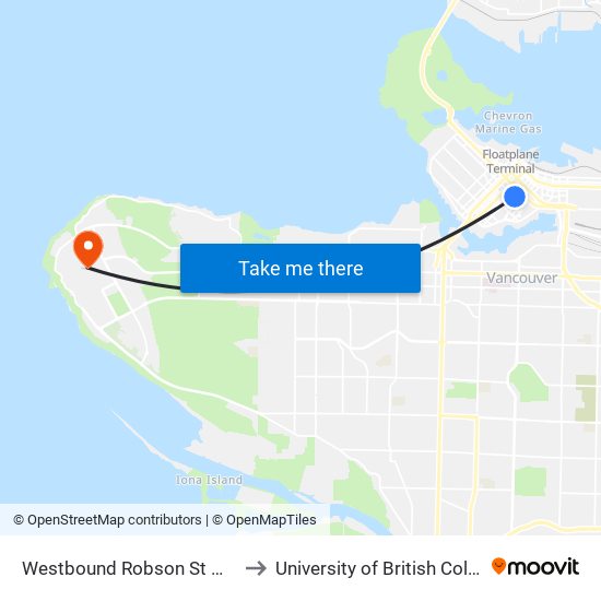 Westbound Robson St @ Hamilton St to University of British Columbia (UBC) map