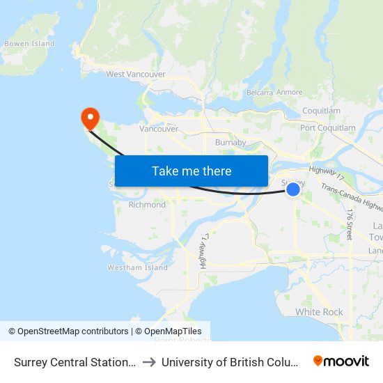 Surrey Central Station @ Bay 8 to University of British Columbia (UBC) map